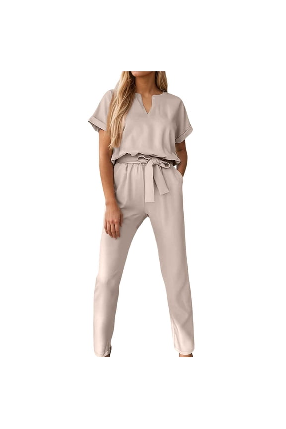 Summer Outfits for Women Women's Jumpsuit Short Sleeve V Neck Casual Romper Playsuit Elegant Loose Overalls For Streetwear Dating Shopping Woman Suit Womens Long Rompers Suits Juniors Leg Strap Gold S