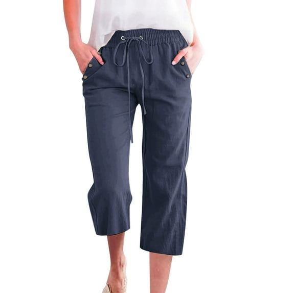 Summer Outfits for Women Women's Solid Color Linen Blend 7/ 8 Pants Loose Fit Casual Trousers With Pockets Fall Business Casual Clothes for Women Palazzi Pants Elderly Clothes Ruffle Full Leng Blue XL