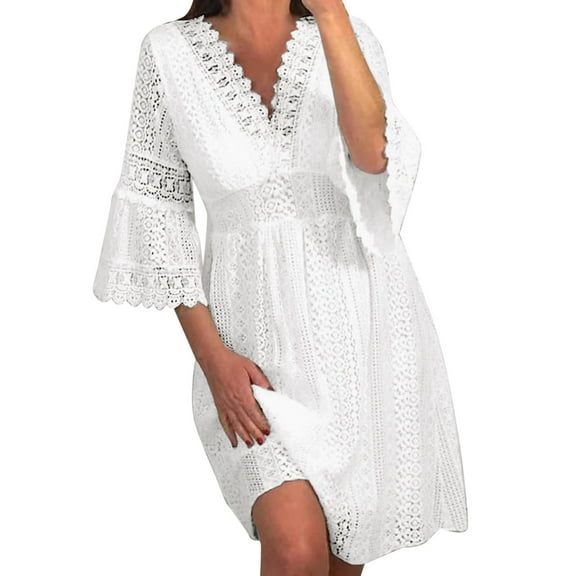 Summer Outfits for Women Womens Solid Color 3/ 4 Sleeve Dress V Neck Hollow Lace Flare Sleeve Summer Long Dress with Pockets Shirt for Women Long Junior Dresses Casual Maxi Dresses White XL
