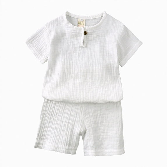 Summer Outfits for Boys, Casual Sets for Little Boys Solid Muslin Gauze Short Sleeve T-Shirt and Matching Shorts Casual Toddler Outfit