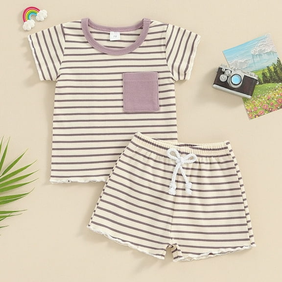 Summer Outfits for Boys Girls 2 Piece Cotton Going-Out Sets 3M-3Y Toddlers Kids Casual Stripe Short Sleeve Tops and Shorts Set with Pockets