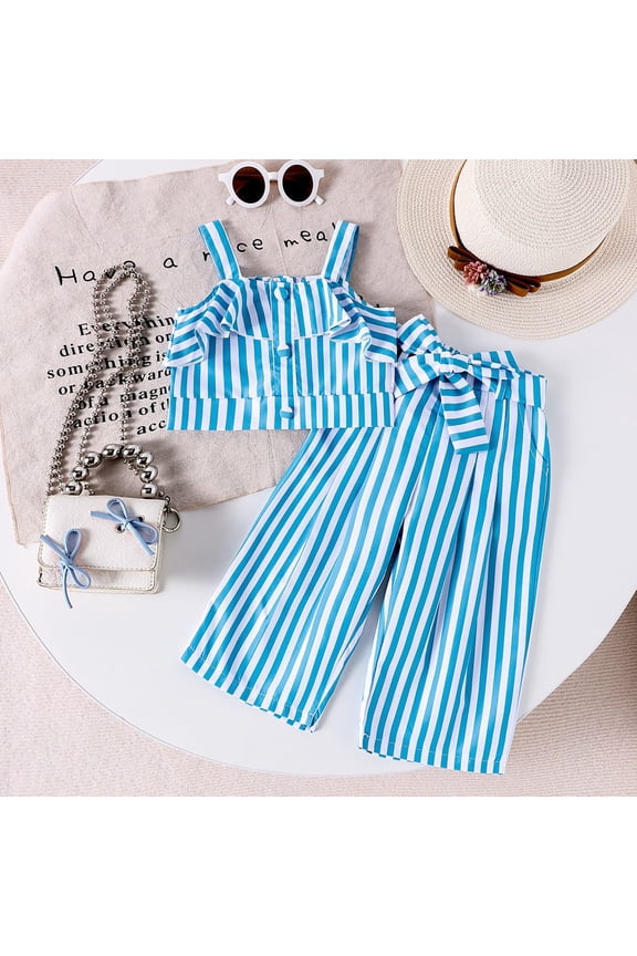 Summer Outfits for Girls 3 Piece Striped Sleeveless Camisole Top with Pants Belt for Trendy Look Chic Resort Outfit Size 6-12M