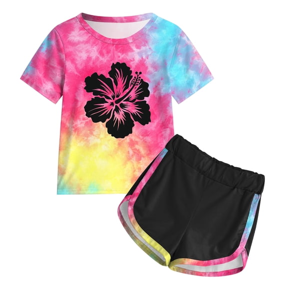 Summer Outfits for Girls 6-7 Girls' Shorts Two-Piece Set, 2-Piece Tie-Dye Outfits Summer Clothes for Girls 4-7 Years