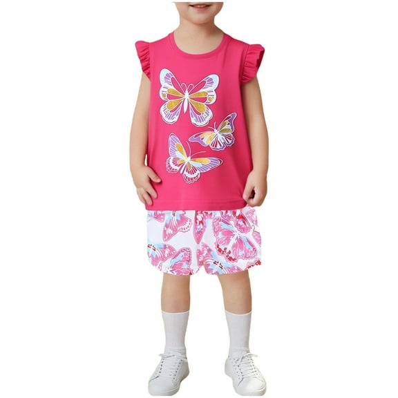 Summer Outfits for Girls Size 8-9 Cute Ruffle Cotton Graphic Tees Shorts 2 Piece Outfits Clothes Set Hot Pink, 6 Y