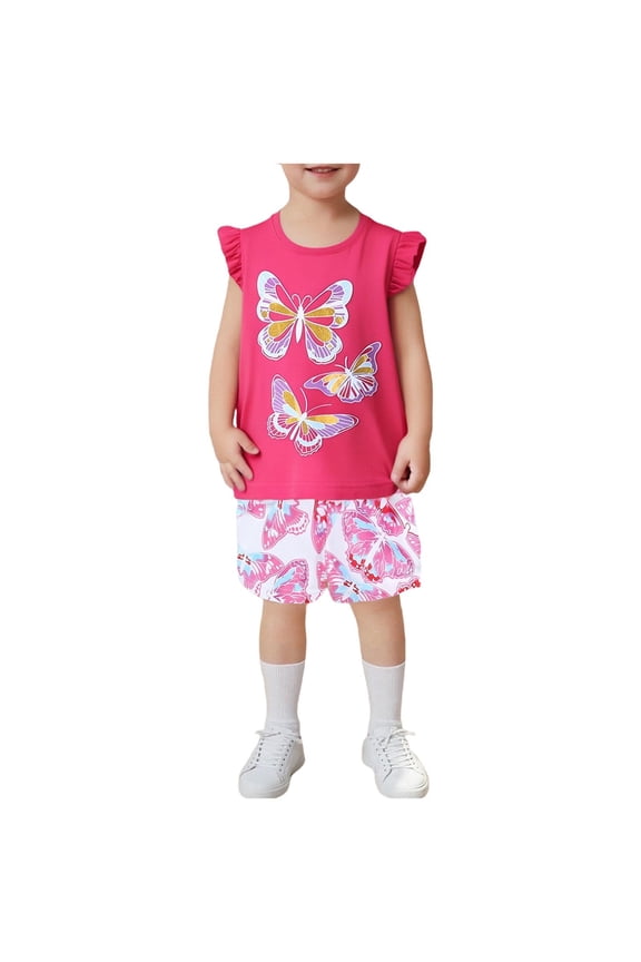 Summer Outfits for Girls Size 8-9 Cute Ruffle Cotton Graphic Tees Shorts 2 Piece Outfits Clothes Set Hot Pink, 6 Y