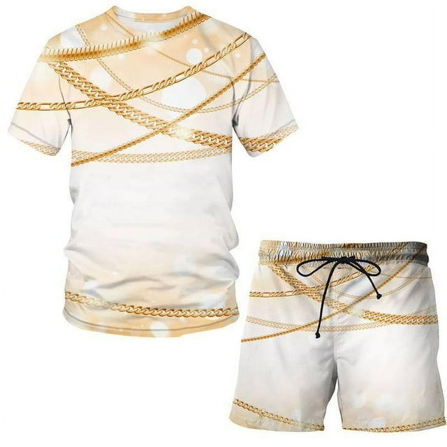 Summer Outfits for Men 2 Piece Sets Gold Chain 3D Digital Printing ...