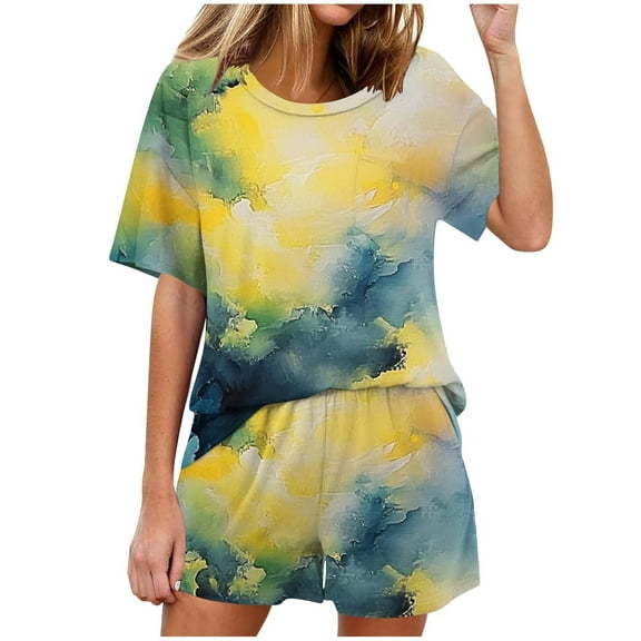 Summer Outfits for Women 2 Piece Casual Crewneck Short Sleeve T Shirt and Shorts Graphic Print Lounge Pajamas Set