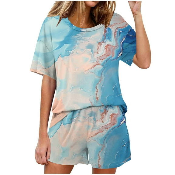 Summer Outfits for Women 2 Piece Casual Crewneck Short Sleeve T Shirt and Shorts Graphic Print Lounge Pajamas Set