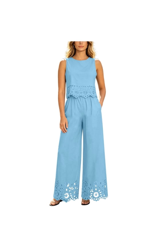 Summer Outfits for Women Casual 2 Piece Sets Sleeveless Lace Trim Top and Wide Leg Pants Set Light Blue XL(XL)