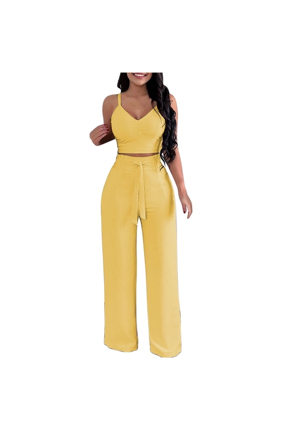 Summer Outfits for Women Dressy Casual Smocked Crop Tank Tops with Wide Leg Pants Suits Two Piece Solid Formal Sets (Medium, Yellow)