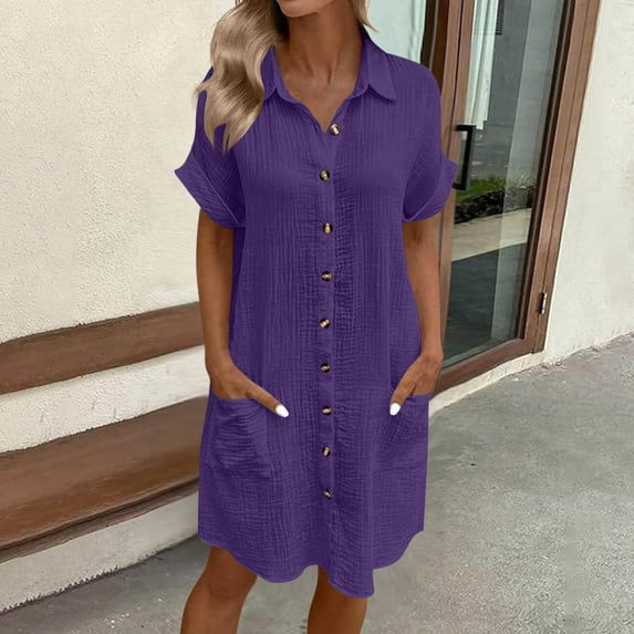 Summer Outfits for Women New Woman Fashion Solid Color Button Pocket Short Sleeve Turndown Collar Blouse Dress Purple S-Xxl