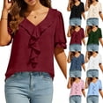 thumbnail image 1 of Summer Outfits for Women Ruffle Tops Dressy Casual Short Sleeve Blouses Lightweight V Neck Flowy Tee Shirt (XL, Red), 1 of 7