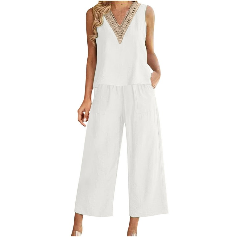Summer Outfits for Women Two Piece Plus Size Cotton Linen Hollow Lace Trim  V Neck Sleeveless Dressy Tank Tops and High Waist Capri Pants with Pockets  