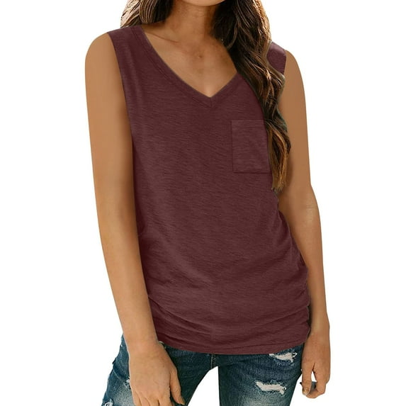 Summer Outfits for Women, Yigetop Women's Solid Color Fashionable Casual V Neck Pocket Sleeveless Top Tank Tops Red L