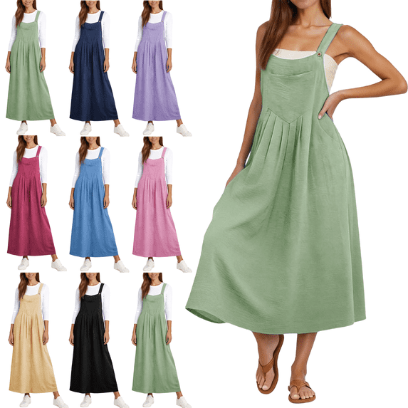 Summer Overall Dresses for Women Adjustable Strap A Line Cute Loose Casual Pleated Pinafore Bib Maxi Dress with Pockets M-2XL
