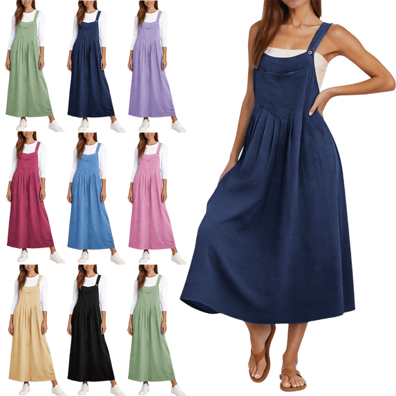 Summer Overall Dresses for Women Adjustable Strap A Line Cute Loose Casual Pleated Pinafore Bib Maxi Dress with Pockets M-2XL