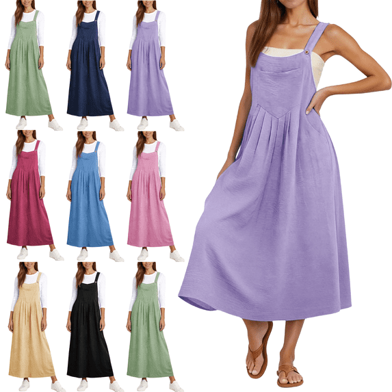 Summer Overall Dresses for Women Adjustable Strap A Line Cute Loose Casual Pleated Pinafore Bib Maxi Dress with Pockets M-2XL