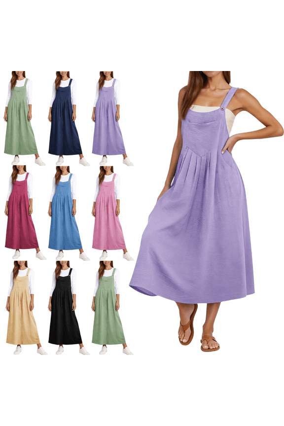 Summer Overall Dresses for Women Adjustable Strap A Line Cute Loose Casual Pleated Pinafore Bib Maxi Dress with Pockets M-2XL