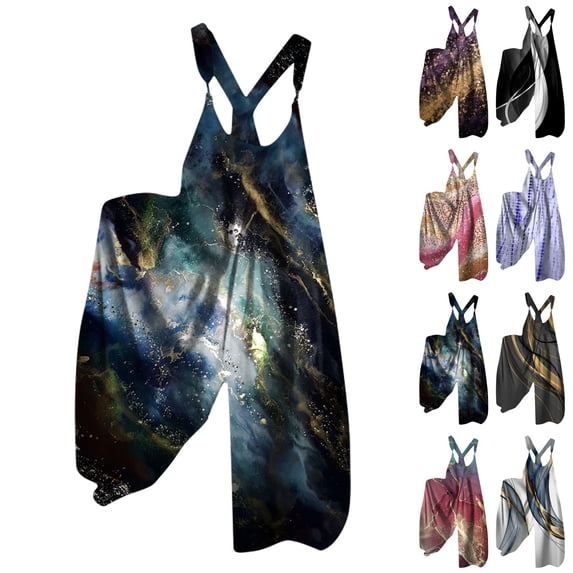 Summer Overalls for Women Wide Leg Baggy Jumpsuits Spaghetti Strap Boho Floral Printed Loose Fit Rompers Red XL