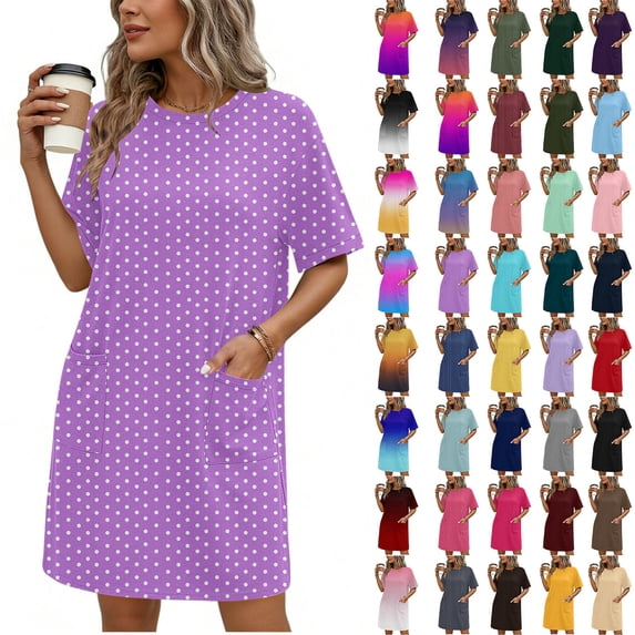 Summer Oversize Beach Dresses for Womens 2026 Casual Solid Color Short Sleeve Round Neck Bandage Dress Ladies Skirt