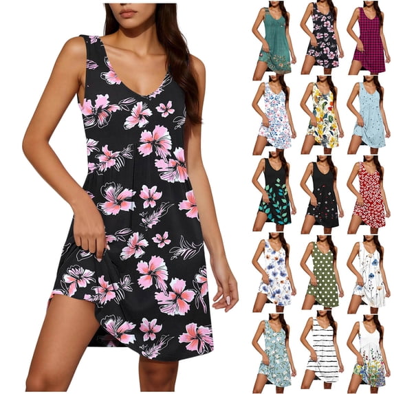 Summer Oversize Dresses for Womens 2026 Fashion Printed V Neck Sleeveless Loose Ruched Knee-Length Dress