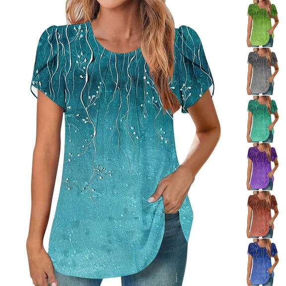 Summer Oversize Shirts for Womens 2025 Fashion Short Sleeve Round Neck Cover Casual Pleated Tunic Top Curved Hem Printed Top