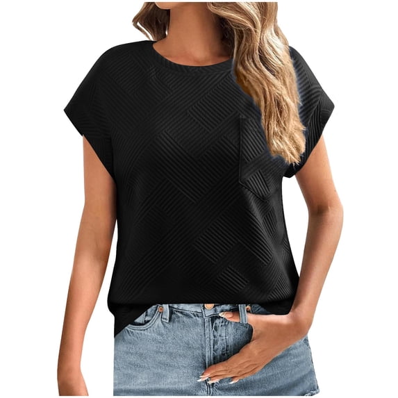 Summer Oversize Shirts for Womens 2025 Fashion Solid Color Textured Pocket Short Sleeved Round Neck Loose Top