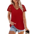 thumbnail image 1 of Summer Oversize Shirts for Womens Fashion Casual Loose Solid Color V-neck Lace Patchwork Short Sleeved Top, 1 of 9