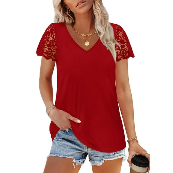Summer Oversize Shirts for Womens Fashion Casual Loose Solid Color V-neck Lace Patchwork Short Sleeved Top