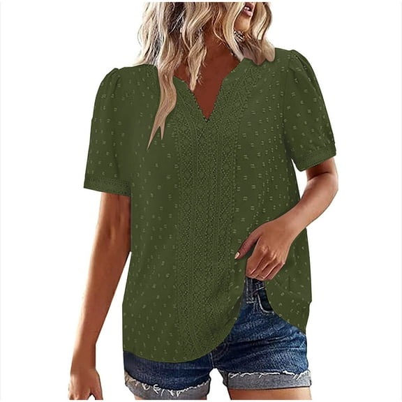 Summer Oversize Shirts for Womens Fashion Solid Color Short Sleeve Round Neck Pullover Lace Blouse