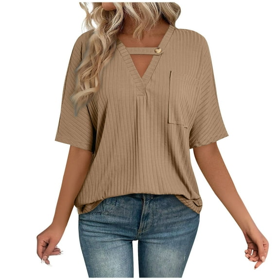 Summer Oversize Shirts for Womens Fashion Solid Color V-Neck Pocket Button Loose Short Sleeve Shirts Top Blouse
