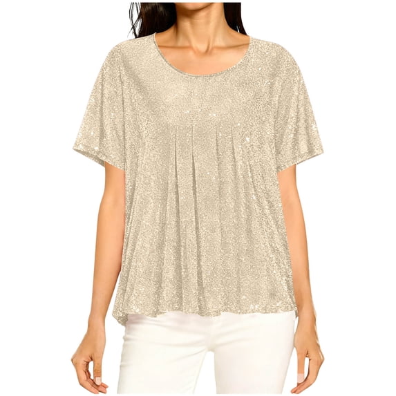 Summer Oversize Shirts for Womens Fashion Sparkling Solid Color T-shirt Short Sleeved Shirt Round Neck Casual Top