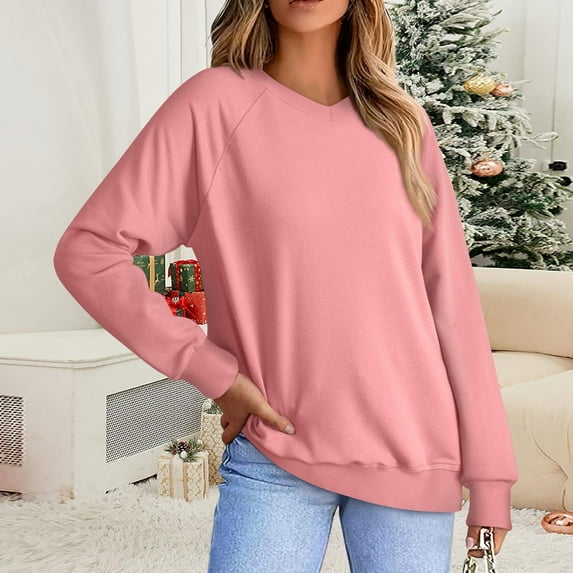 Summer Oversize Tops For Women Casual Long Sleeved V-neck Solid Color Shoulder Sports Pink Blouses Trendy Tunic Top S-2XL