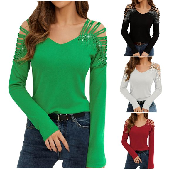 Summer Oversize Tops For Women Solid Colort V-Neck Off The Shoulder Long Sleeve Casual Green T-Shirts Blouses S-2XL