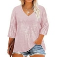 thumbnail image 1 of Summer Oversize Tops For Women V-neck Sequined 3/4t Sleeve Solid Color Casual Tops Flowy Shirts Pink 4XL, 1 of 9