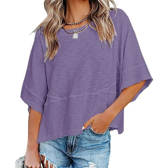 Summer Oversize Women Solid Color Half Sleeve Loose Shirt Tee Casual Tops