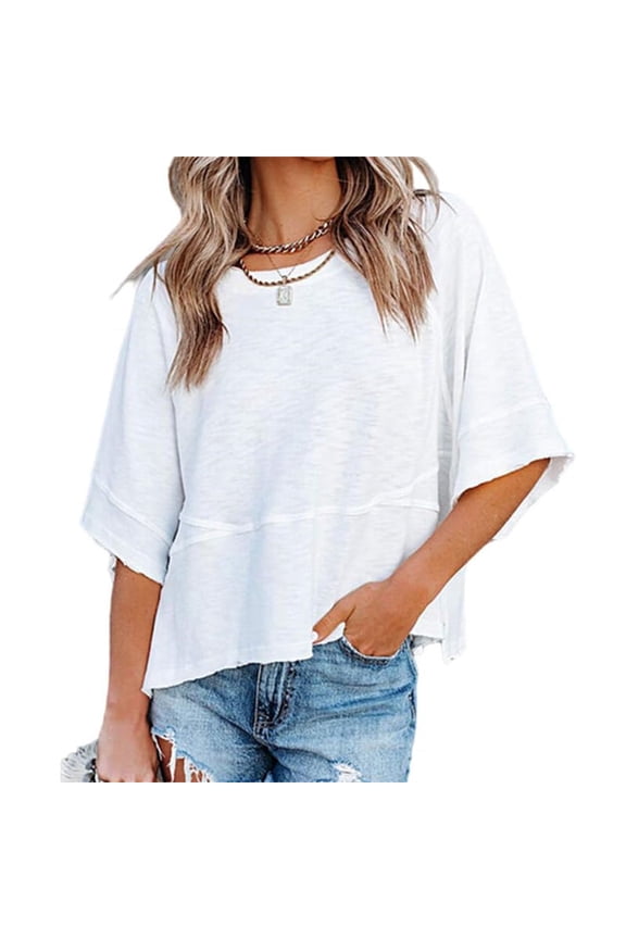 Summer Oversize Women Solid Color Half Sleeve Loose Shirt Tee Casual Tops