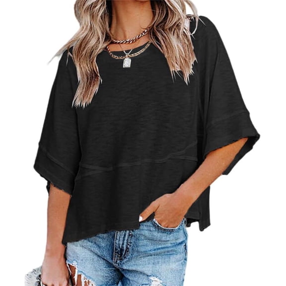 Summer Oversize Women Solid Color Half Sleeve Loose Shirt Tee Casual Tops