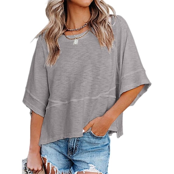 Summer Oversize Women Solid Color Half Sleeve Loose Shirt Tee Casual Tops