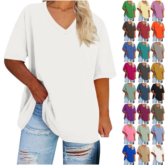 Summer Oversized Shirts for Womens 2025 V-neck Short Sleeved Solid Summer Base Shirt Sports T-shirt 50% off!
