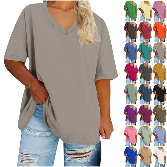Summer Oversized Shirts for Womens 2025 V-neck Short Sleeved Solid Summer Base Shirt Sports T-shirt 50% off!