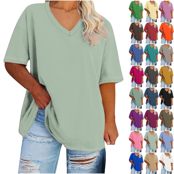Summer Oversized Shirts for Womens 2025 V-neck Short Sleeved Solid Summer Base Shirt Sports T-shirt 50% off!