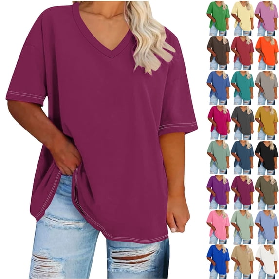 Summer Oversized Shirts for Womens 2025 V-neck Short Sleeved Solid Summer Base Shirt Sports T-shirt