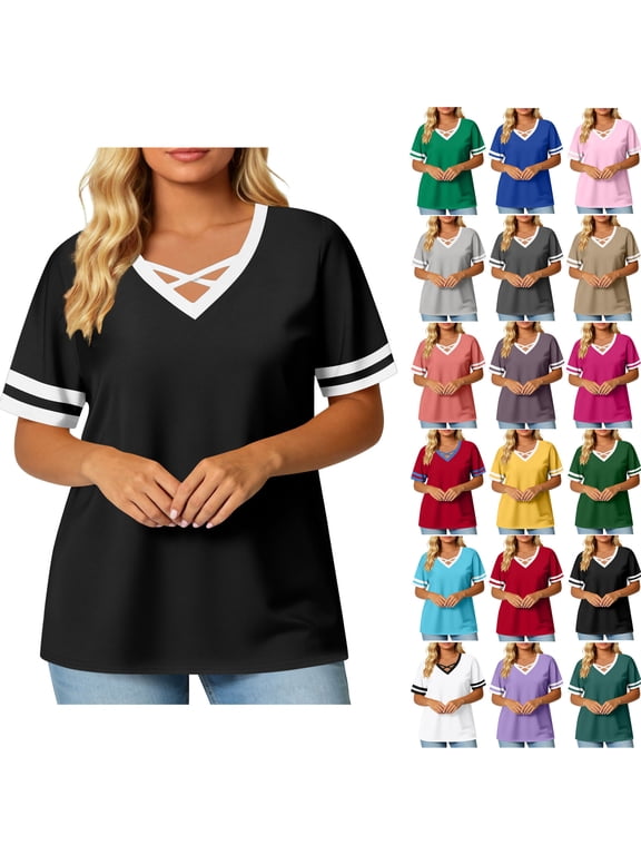 Summer Oversized Shirts for Womens 2026 V-neck Short Sleeved Solid Summer Base Shirt Sports T-shirt