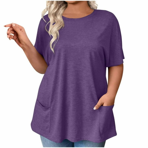 Summer Oversized Tops for Women Crewneck Tunic Top Plain Classic Tee Shirt Loose Fitted Blouses Causal Trendy T-Shirt Going Out Outfits Costume With Pockets
