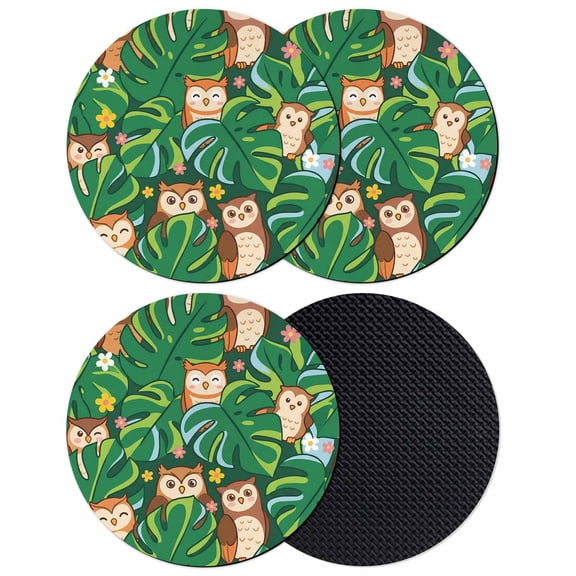 Summer Owls Coasters Set of 4, Absorbent Coasters for Drinks, Green Palm Leaves Tropical Plants Coaster for Desk Coffee Table Protection, Home Decor House Warming Gifts 4"