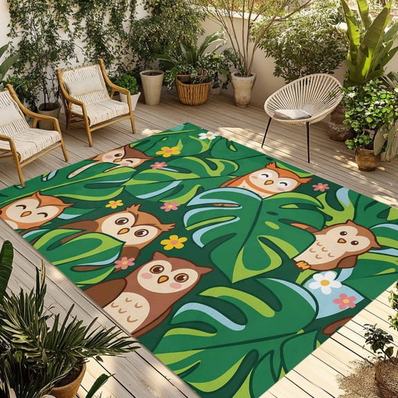 Summer Owls Outdoor Rug 5x8 Ft - Reversible Patio Rug Outdoor Camping Rugs, Green Palm Leaves Tropical Plants Washable Indoor Outdoor Area Rugs, Non-Slip Outdoor Carpet Runner for Deck/Porch