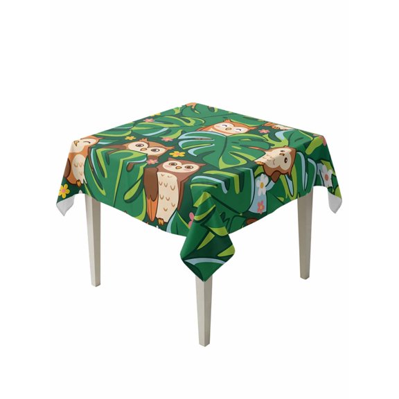 Summer Owls Table Cloth, Waterproof Tablecloth for Square Tables, Green Palm Leaves Tropical Plants Reusable Washable Fabric Table Cover for Restaurant Kitchen Dining Tables 54"x54"