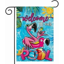 Summer POOL Garden Flags for Outdoor, Flamingo Welcome to Our POOL Small Yard Flags for Outside, Swimming Pool Decoration for Party Holiday 12x18 Inch Double Sided