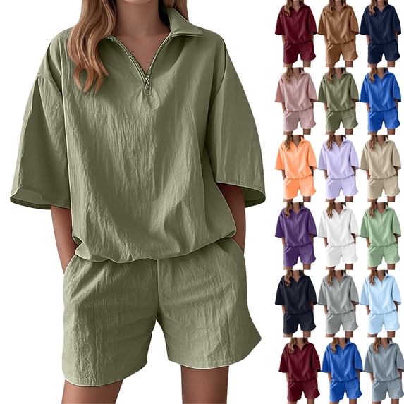 Summer Pajama Sets For Women 2 Piece Casual Solid Color Stretch Waistband Shorts Short Sleeved Tops With Zipper Lounge Sets Matching Outfit for Travel Casual